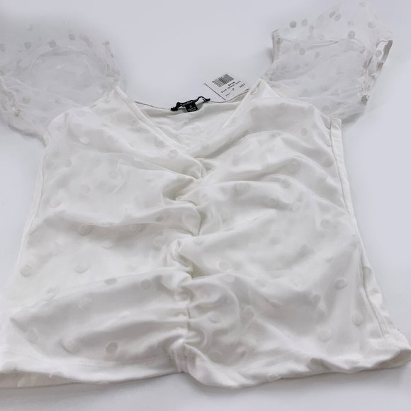 2 Brand New Tops Basic White Lace Shirt & Polka Dot Ruffle Ruched Ivory Top - Picture 13 of 14